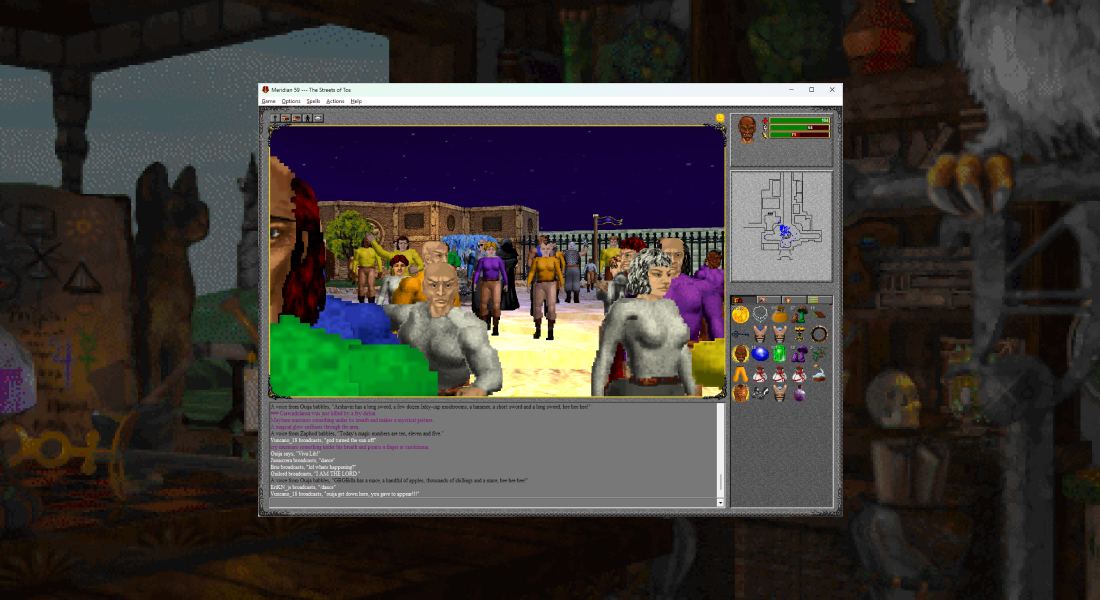 A screenshot of one of the games towns showing several shops.