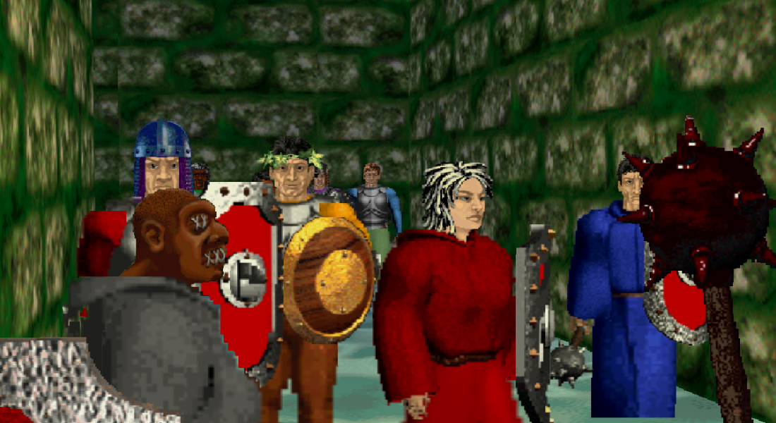 A screenshot of a group of players standing together in a dark, damp environment.